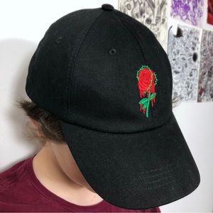 Black Adjustable Cap Hat W/ Red Rose and Green Thorns embroidery
